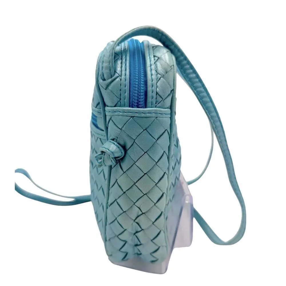 Auth Bottega Veneta Metallic Blue Intreciatto Camera Crossbody Shoulder Bag